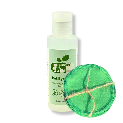 4-ALL PETS natural pet eyewash bottle with reusable cotton pads for cleaning and soothing pets' eyes