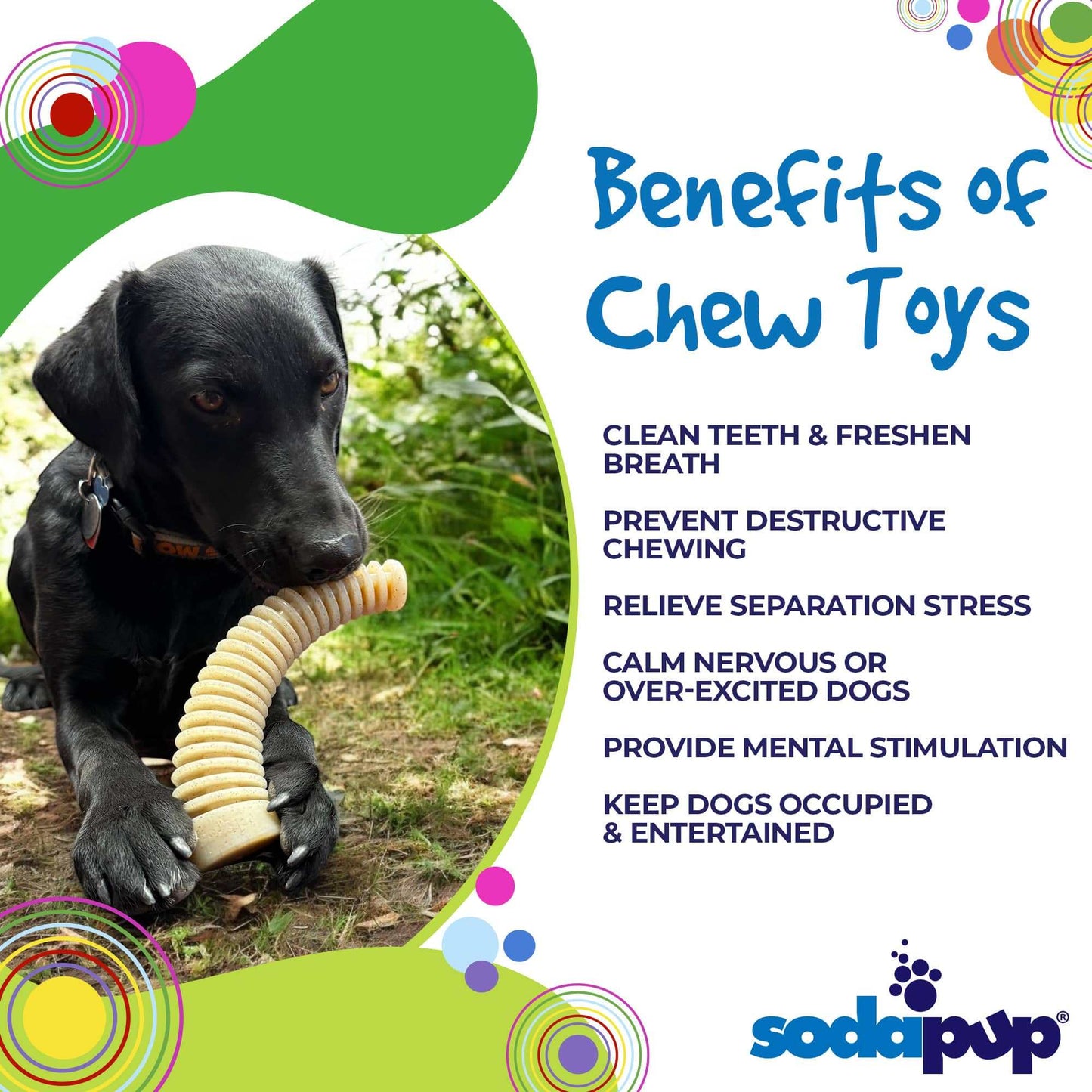 Black dog chewing Flufflehorn Dental Antler nylon chew toy outdoors with text highlighting chew toy benefits