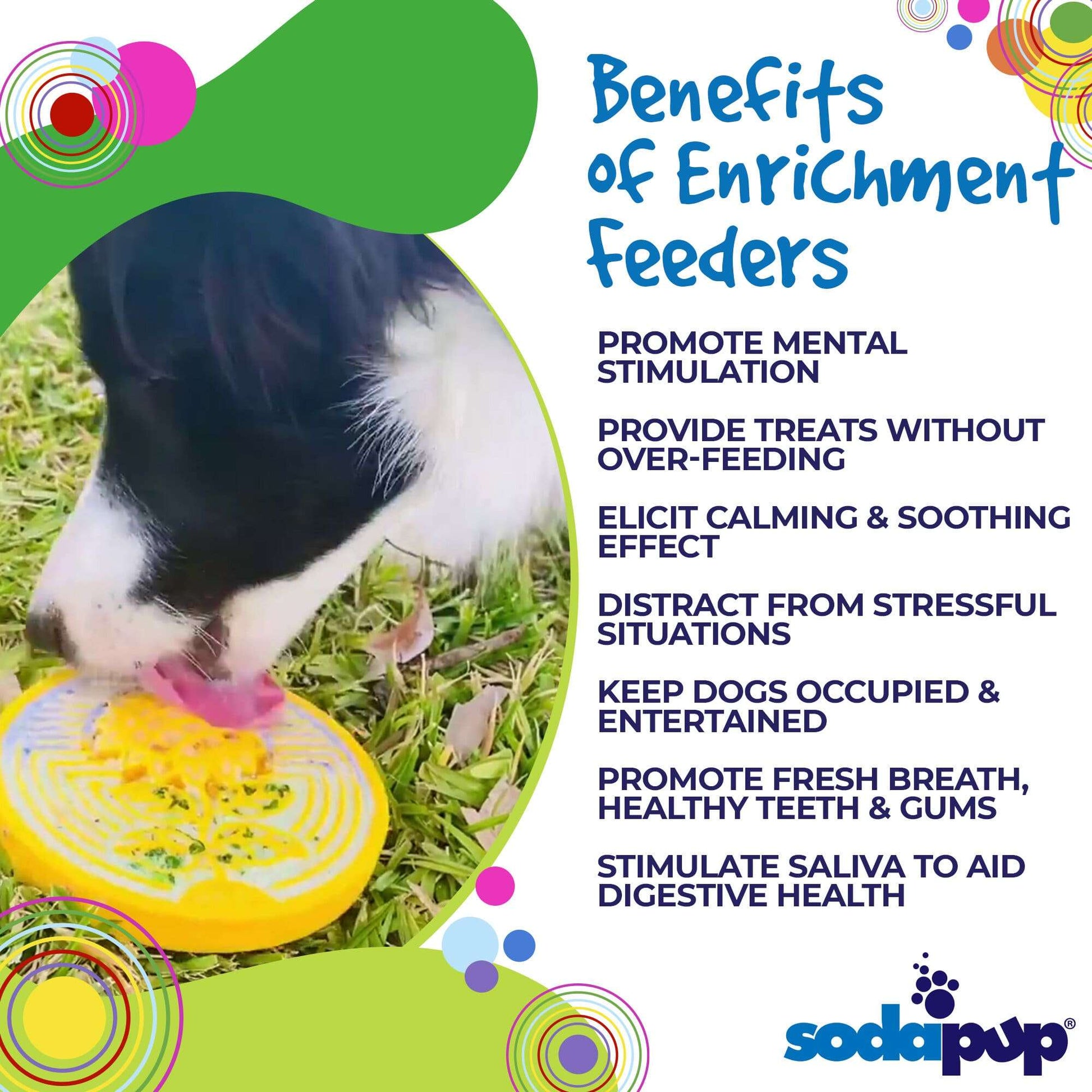 Dog licking a yellow Earth eCoin Nylon Lick Mat outdoors promoting mental stimulation and calming benefits for dogs