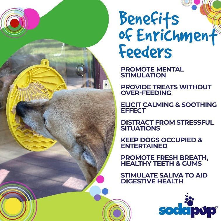 Dog licking yellow Sun n' Sea eMat suction lick mat mounted on glass door promoting mental stimulation and calming benefits for dogs