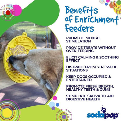 Dog licking yellow Sun n' Sea eMat suction lick mat mounted on glass door promoting mental stimulation and calming benefits for dogs