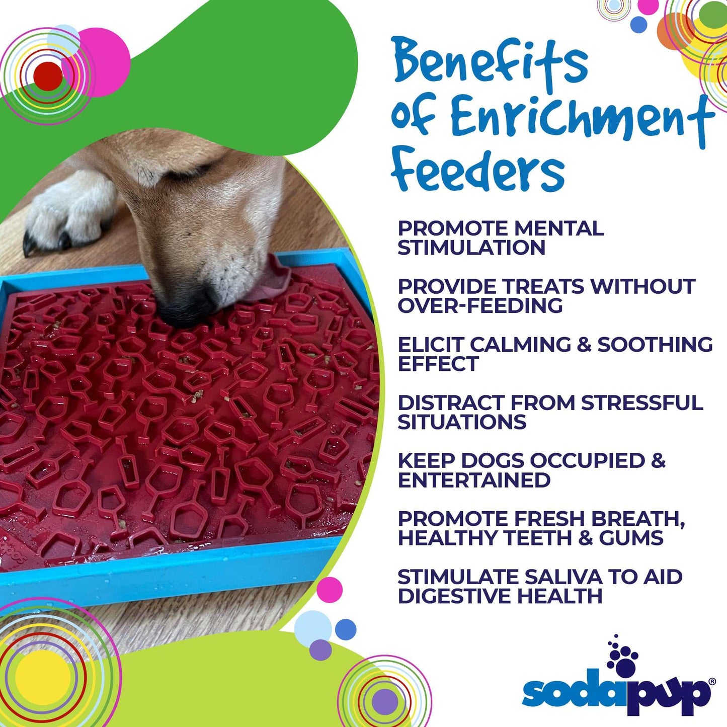 Dog using a red textured enrichment lick mat to promote mental stimulation and calmness by SodaPup