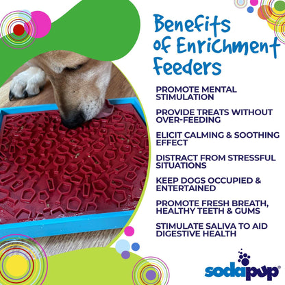 Dog using a red textured enrichment lick mat to promote mental stimulation and calmness by SodaPup