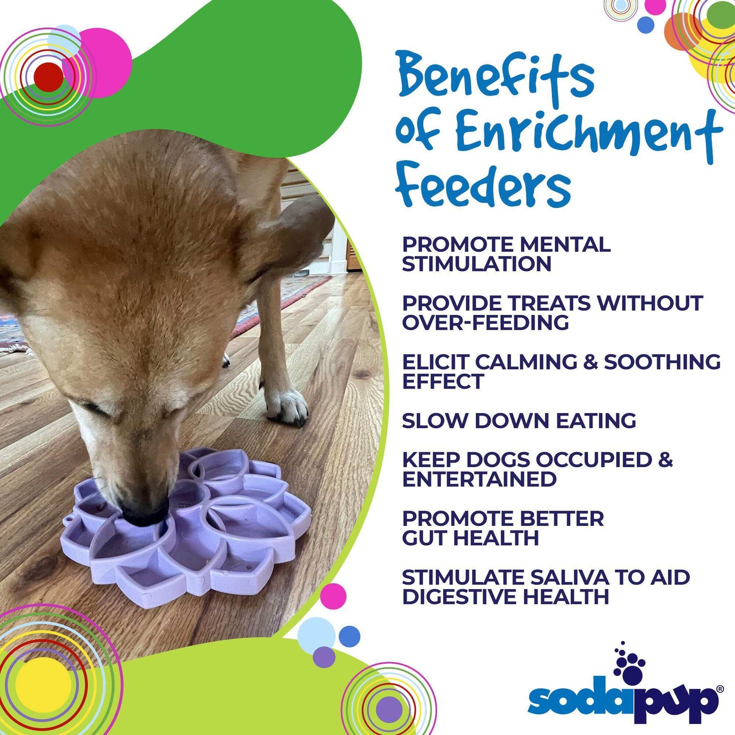 Dog licking purple Mandala Softie eTray slow feeder with suction cups on wooden floor promoting mental stimulation and calming benefits