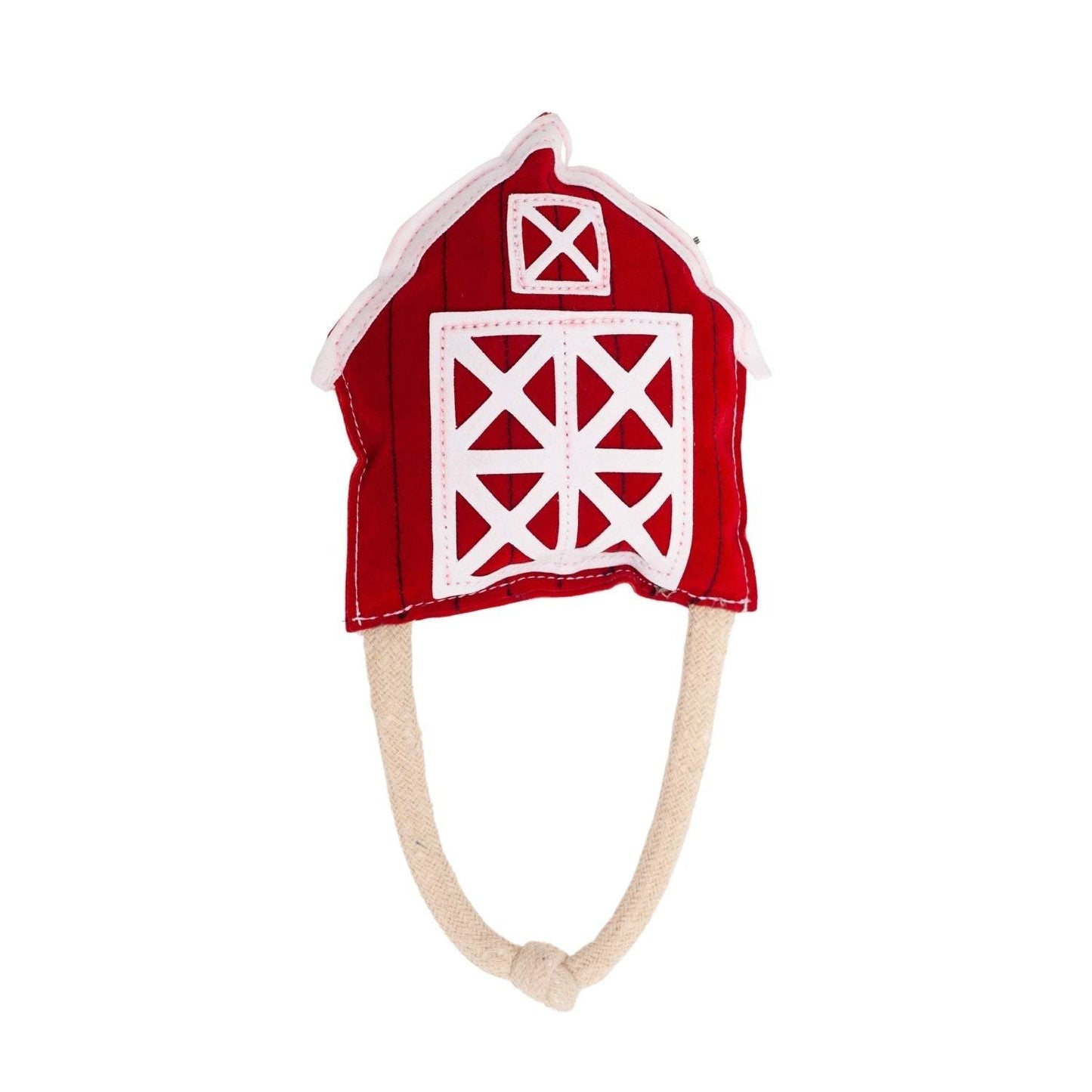 Country Living Faux Leather red barn dog chew toy made from durable, non-toxic materials with organic cotton stuffing and rope handle for all dog sizes.