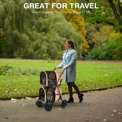 4-in-1 double pet stroller with detachable carriers and travel carriage in beige with mesh windows and foldable frame