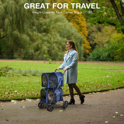 4-in-1 double pet stroller with detachable carriers and foldable frame in beige and blue colors
