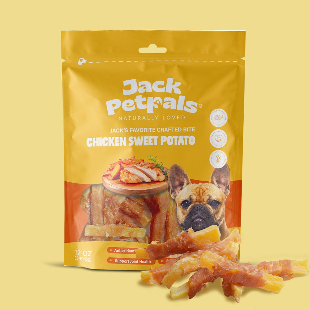 Jack PetPals Crafted Bite Chicken Sweet Potato dog treats in 12oz yellow packaging with a French Bulldog image and visible treats