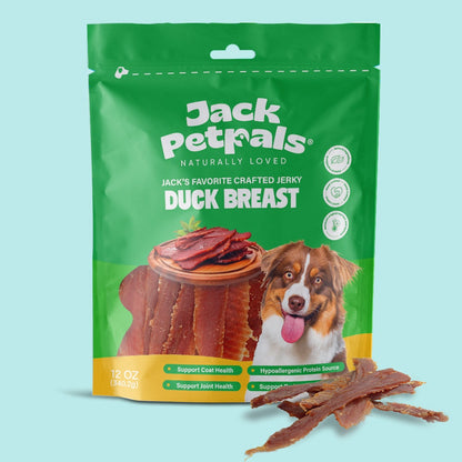 Jack PetPals Handcrafted Jerky Duck Breast Dog Treats 12oz resealable pouch with hypoallergenic, high-protein duck jerky for dogs