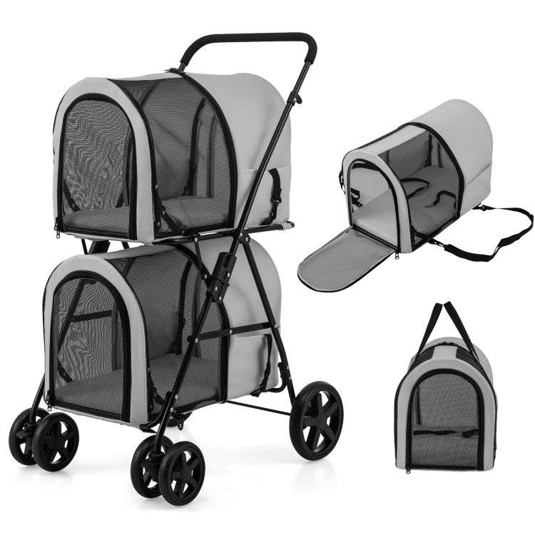 4-in-1 double pet stroller with detachable carriers and travel carriage in beige and black colors