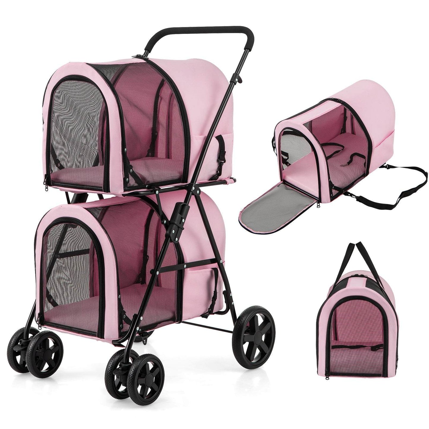 4-in-1 double pet stroller with detachable carriers and travel carriage in beige and black colors