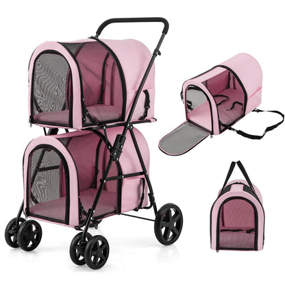 4-in-1 double pet stroller with detachable carriers and travel carriage in beige and black colors