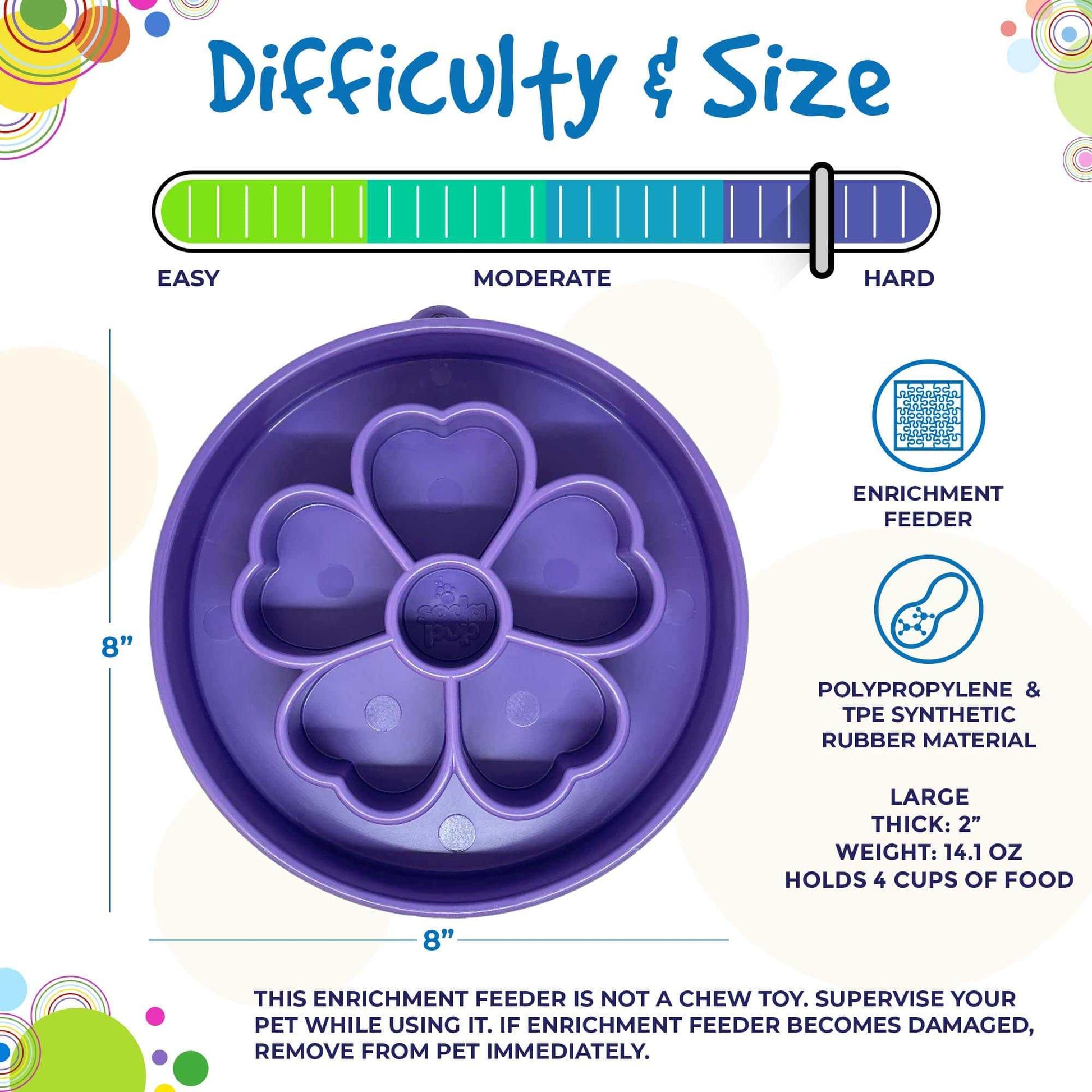 Purple Flower eBowl Deep Slow Feeder Dog Bowl with segmented chambers, 8-inch size, made from non-toxic TPE for healthy, slow dog feeding