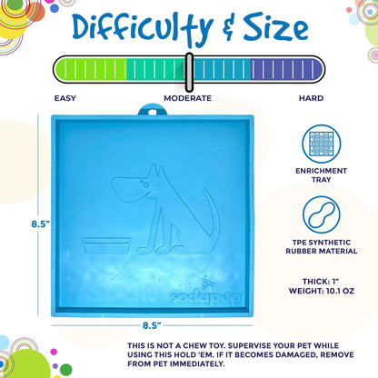 Blue SodaPup enrichment tray for dogs with 8.5 inch square size, moderate difficulty, made of TPE synthetic rubber, weighing 10.1 oz