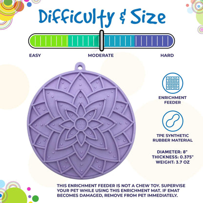 Pastel purple lotus design enrichment lick mat for dogs with suction cups, 8-inch diameter, moderate difficulty, made of TPE synthetic rubber.