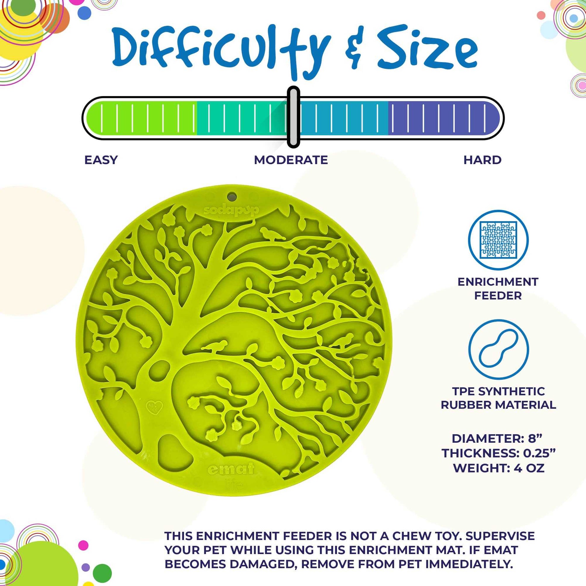 Tree of Life eMat green textured lick mat for dogs and cats with suction cups, 8-inch diameter, moderate difficulty, made from TPE synthetic rubber.