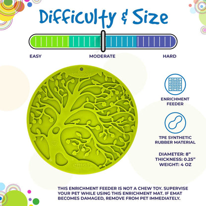 Tree of Life eMat green textured lick mat for dogs and cats with suction cups, 8-inch diameter, moderate difficulty, made from TPE synthetic rubber.
