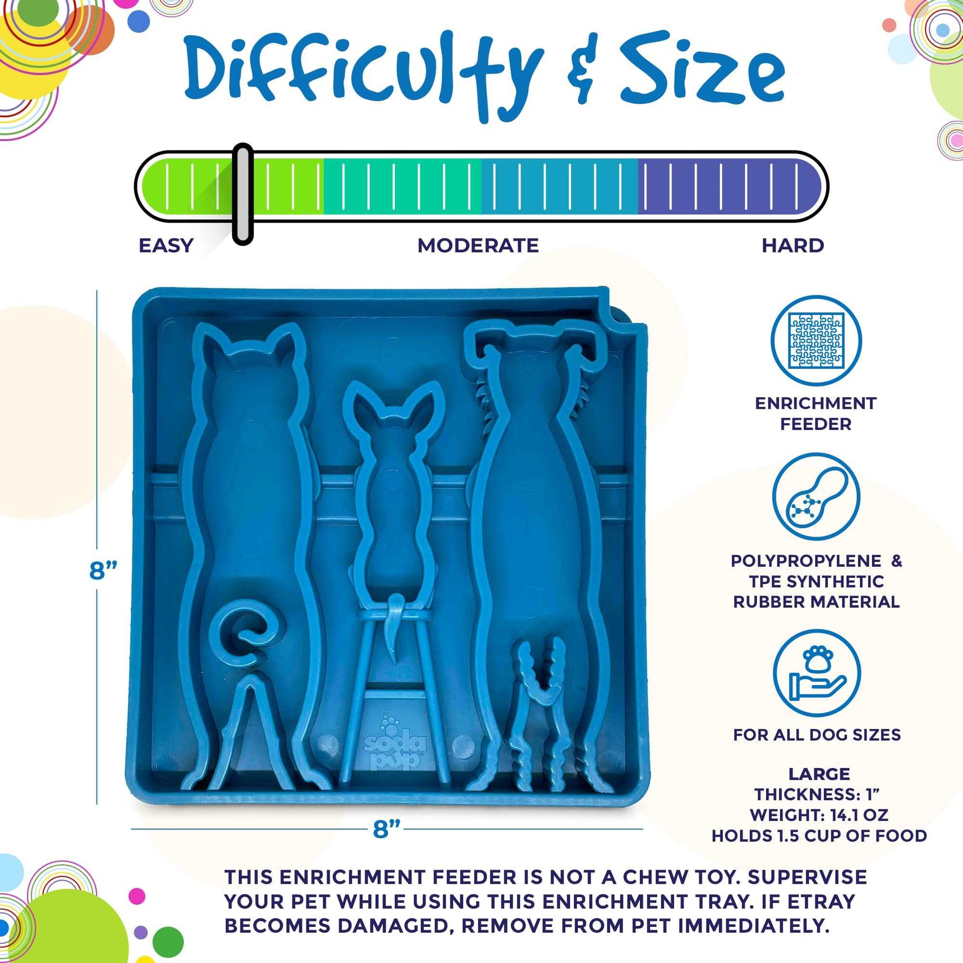 Blue Waiting Dogs Design eTray shallow slow feeder tray with raised ridges for dog enrichment and slow eating, 8x8 inches, holds 1.5 cups of food