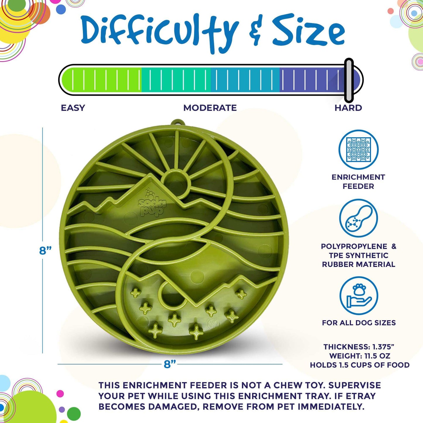 Sun and Moon Design shallow slow feeder dog bowl with raised ridges for mental enrichment and slow eating, made in USA, 8-inch diameter, holds 1.5 cups of food