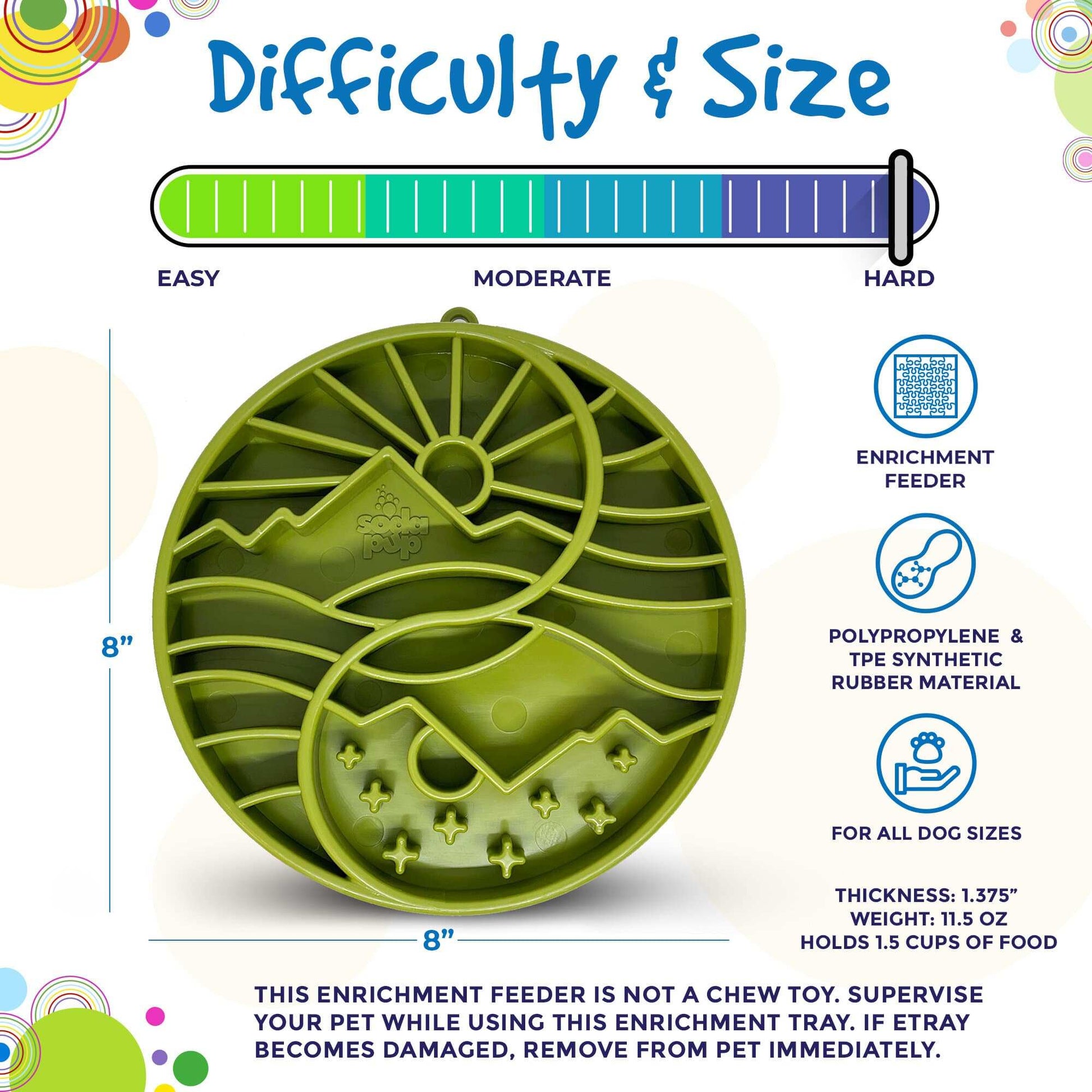 Sun and Moon Design shallow slow feeder dog bowl with raised ridges for mental enrichment and slow eating, made in USA, 8-inch diameter, holds 1.5 cups of food