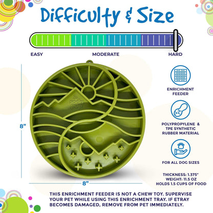 Sun and Moon Design shallow slow feeder dog bowl with raised ridges for mental enrichment and slow eating, made in USA, 8-inch diameter, holds 1.5 cups of food