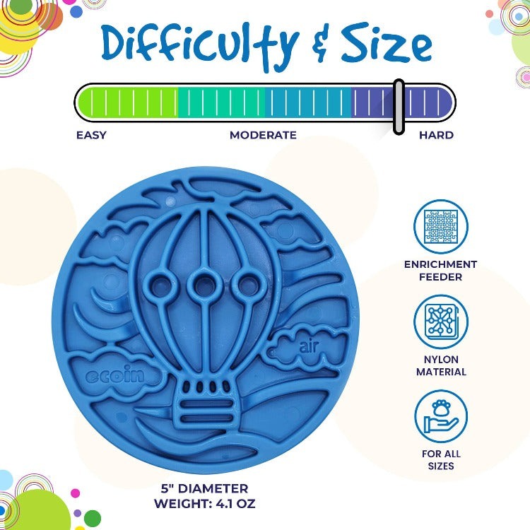 Blue Air Nylon eCoin dog lick mat with hot air balloon design, durable nylon, 5-inch diameter, for enrichment and slow feeding