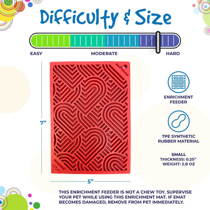 Red heart-shaped textured Love eMat enrichment lick mat for dogs and cats, small size, high difficulty level, made of TPE synthetic rubber.