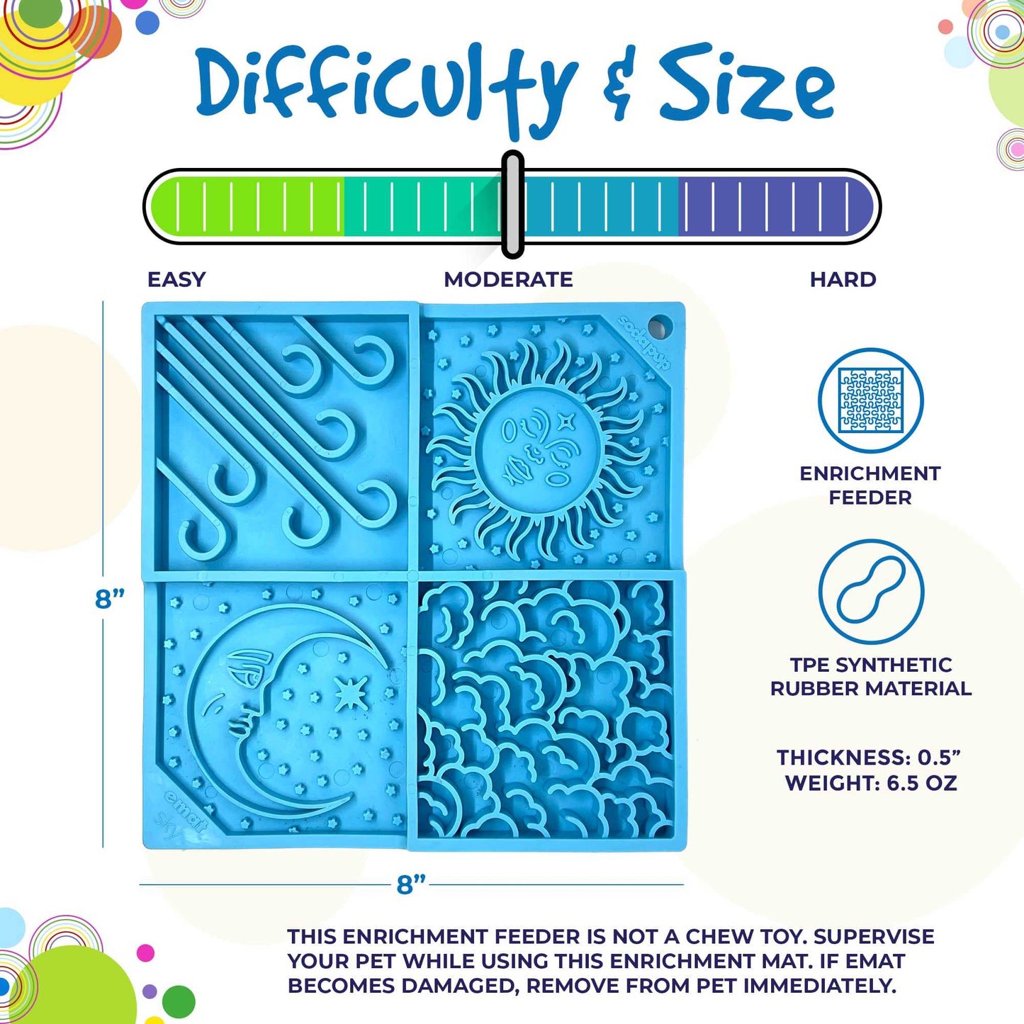 Blue Sky eMat enrichment lick mat for dogs and cats with celestial sun, moon, cloud, and star designs, moderate difficulty, made of TPE rubber, 8-inch square, 0.5-inch thick.