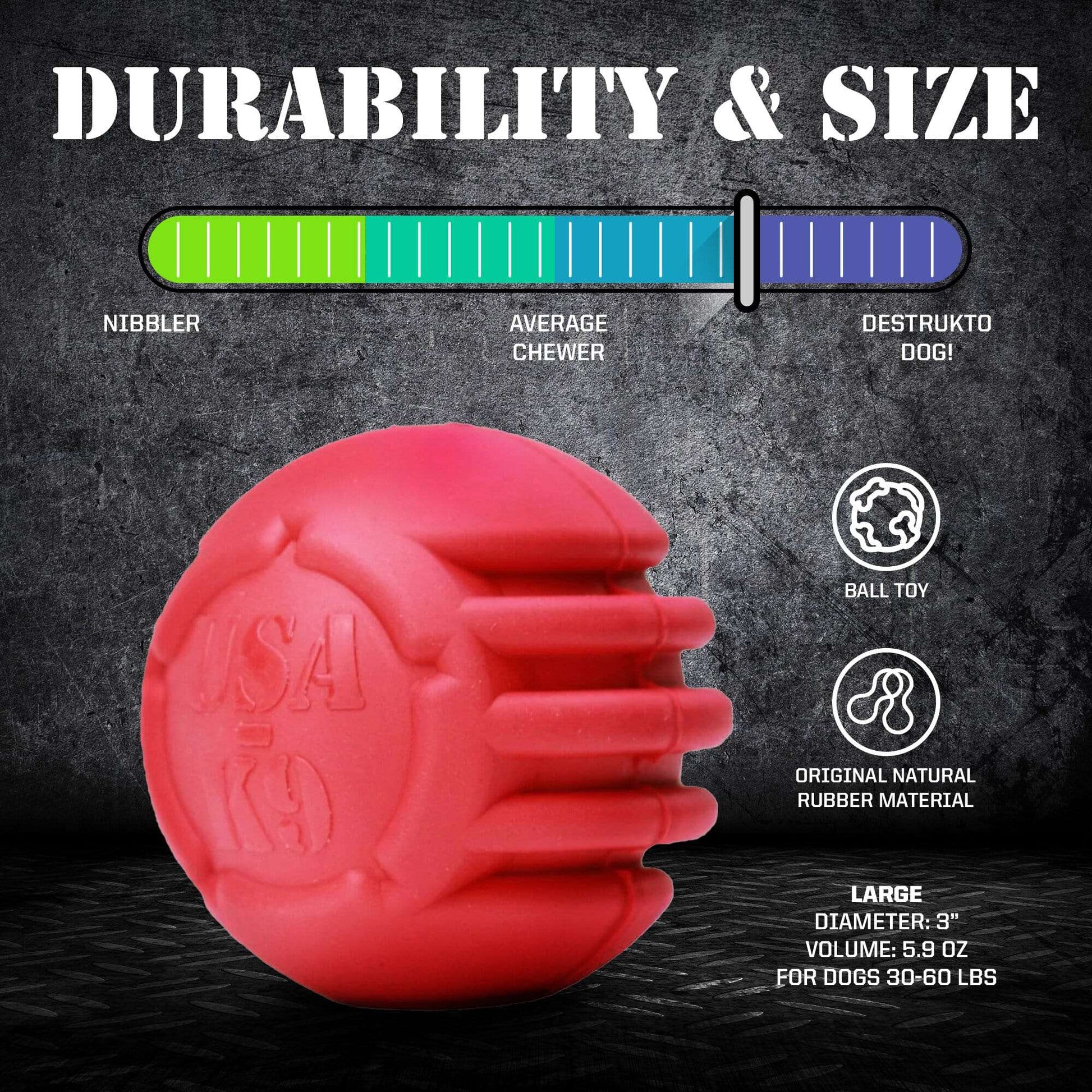USA-K9 Stars and Stripes ultra-durable rubber chew ball for large aggressive chewers, 3-inch diameter, natural non-toxic material, dental ridges, made in USA