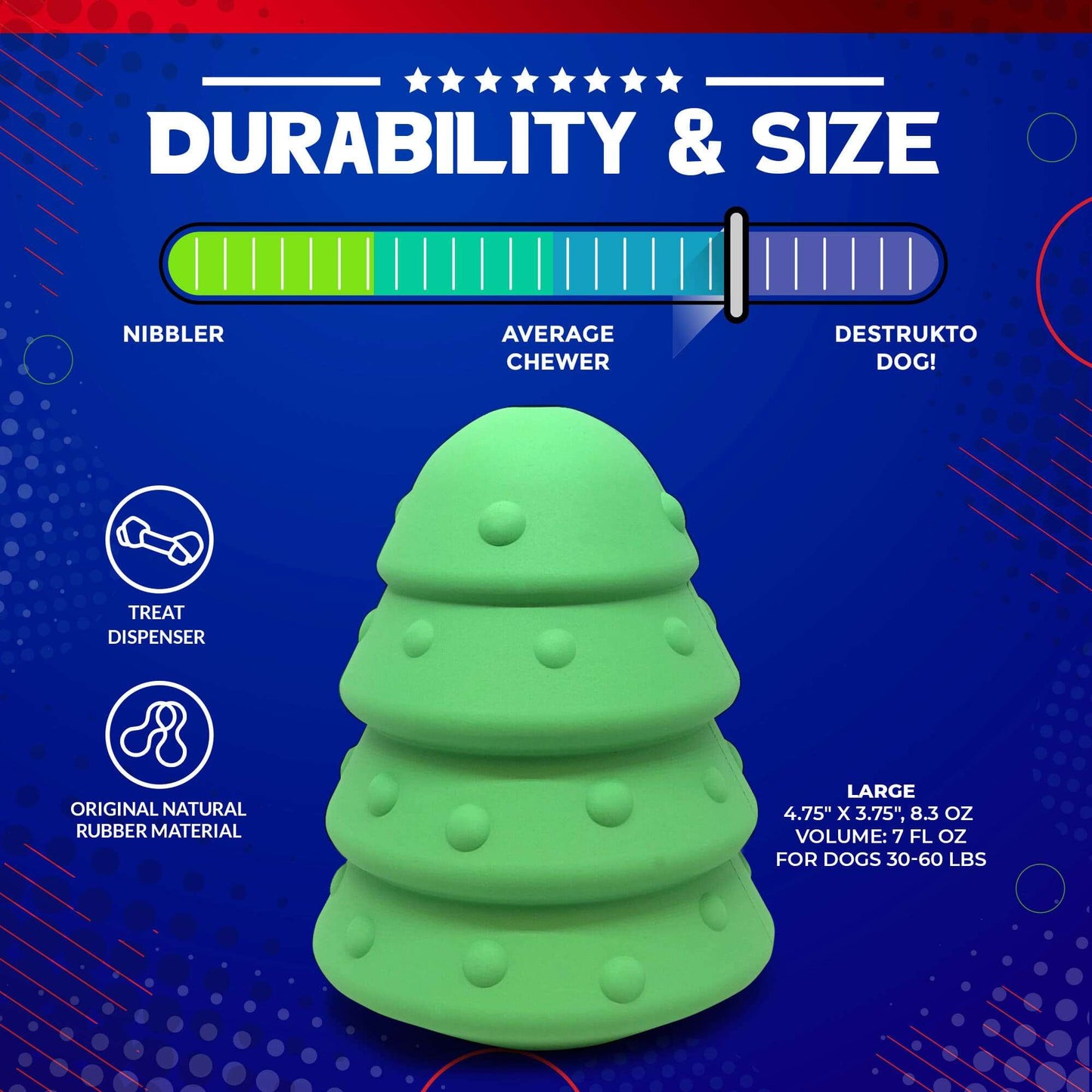 Large green Christmas Tree Toy durable rubber treat dispenser for dogs 30-60 lbs