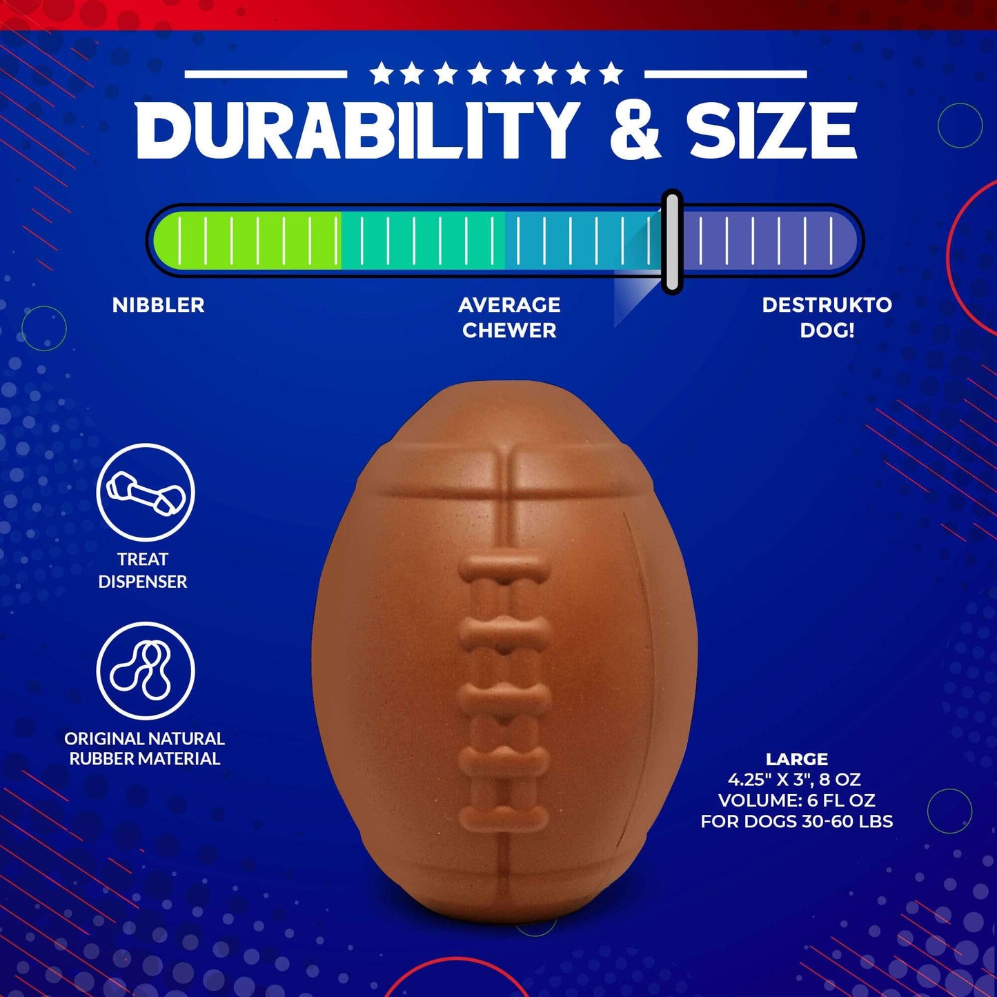 Football eDispenser durable rubber chew toy and treat dispenser for dogs 30-60 lbs, large size 4.25"x3", slow feeder and boredom buster