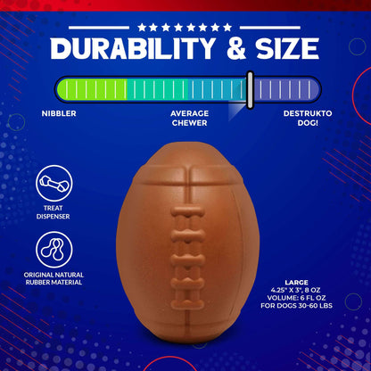 Football eDispenser durable rubber chew toy and treat dispenser for dogs 30-60 lbs, large size 4.25"x3", slow feeder and boredom buster