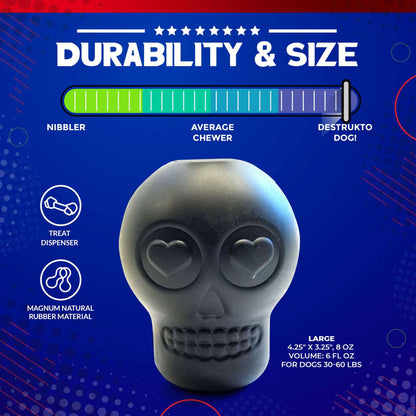 Magnum Sugar Skull black ultra-durable chew toy and treat dispenser for power chewer dogs 30-65 lbs
