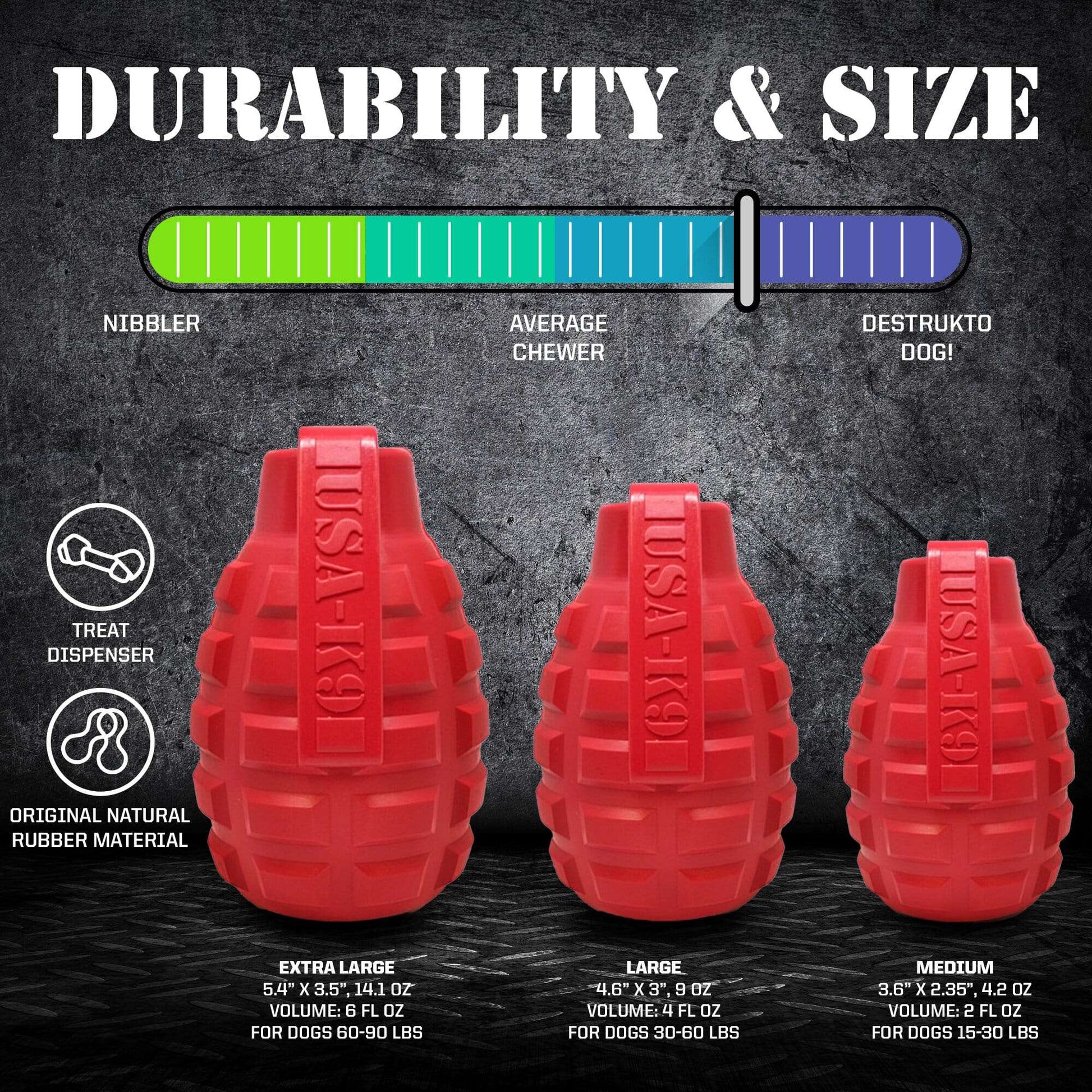 Grenade shaped eDispenser dog chew toy in red, durable natural rubber treat dispenser for super chewers in medium, large, and extra-large sizes