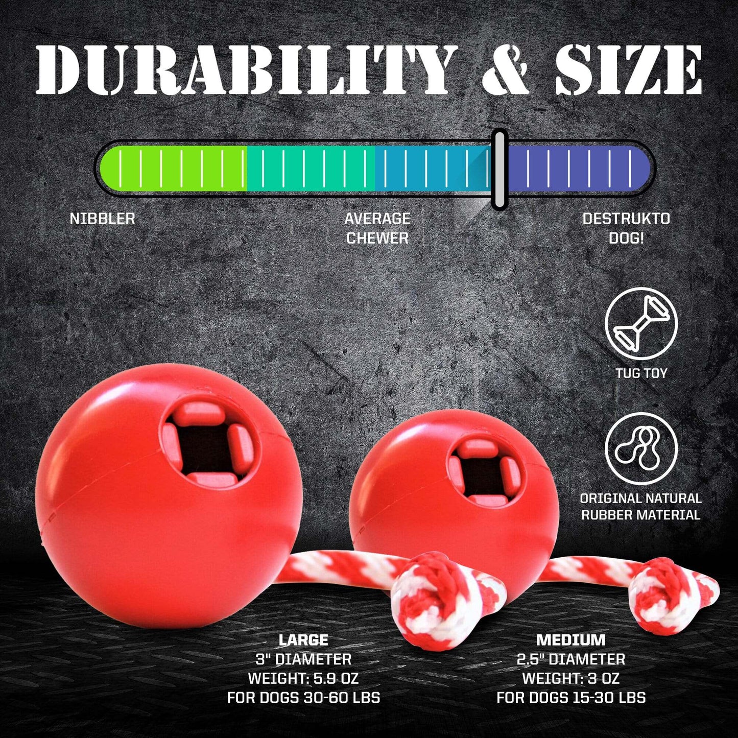 USA-K9 Cherry Bomb durable rubber chew toy for dogs, multipurpose treat dispenser and tug toy