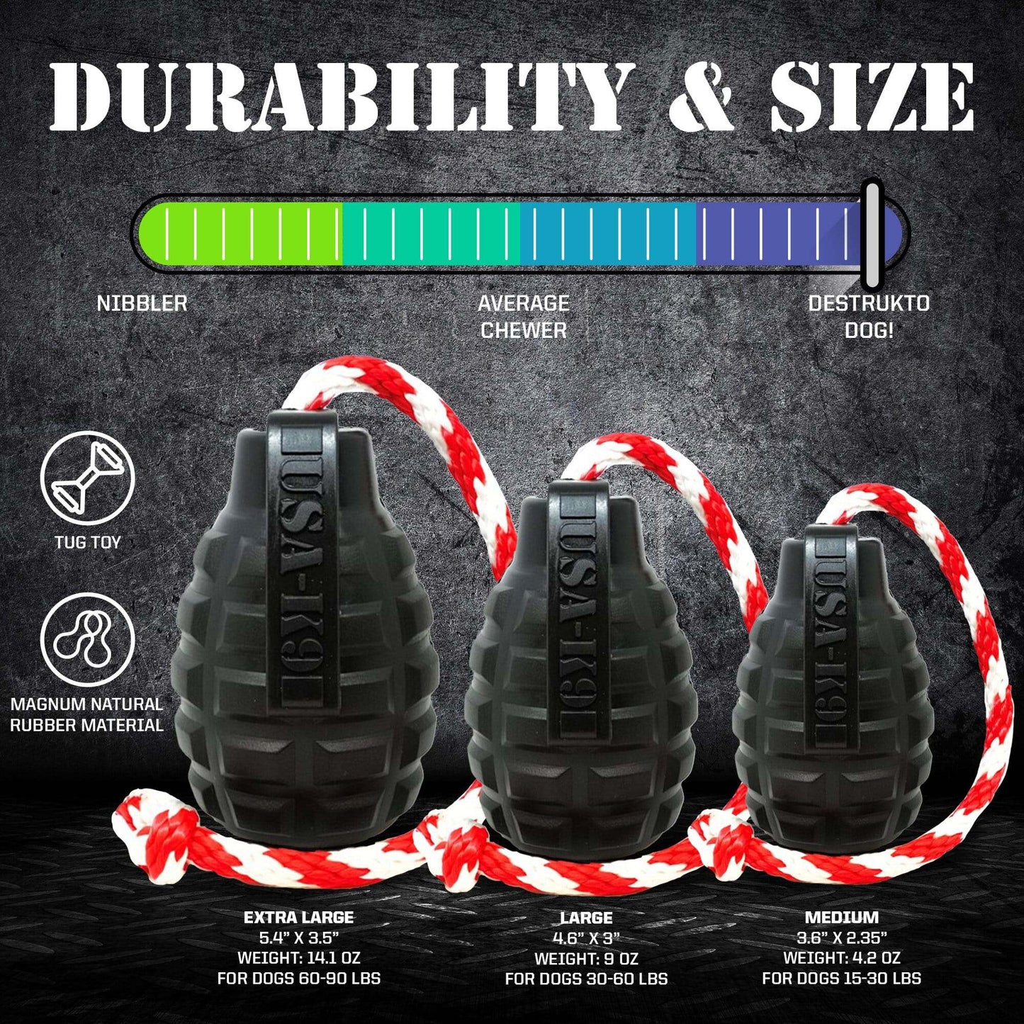 USA-K9 Magnum Grenade: Durable Rubber Chew and Treat Dispenser Toy!