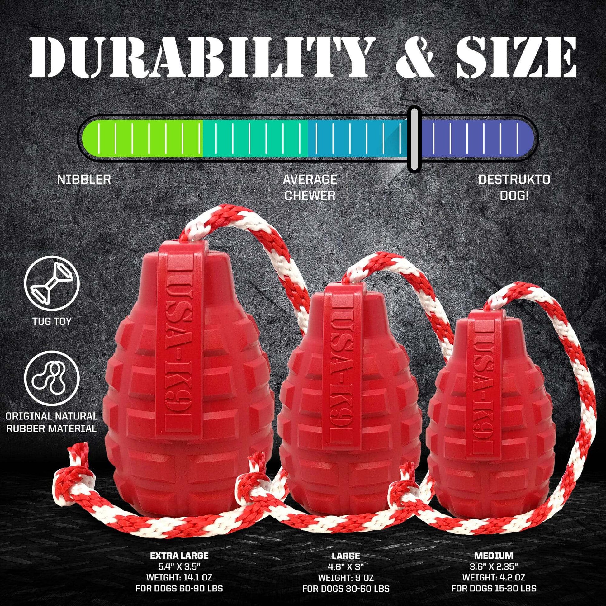 USA-K9 Grenade Durable Rubber Chew Toy, Treat Dispenser & Tug Function