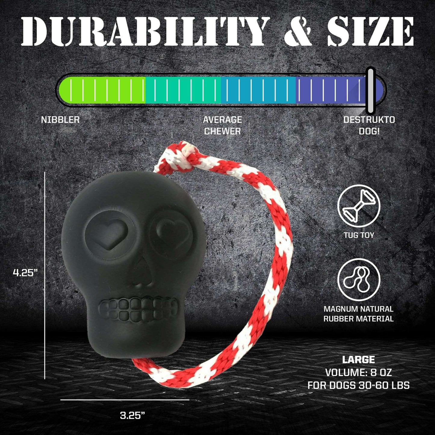 USA-K9 Magnum Skull durable black rubber chew toy with rope, treat dispenser and tug toy for dogs