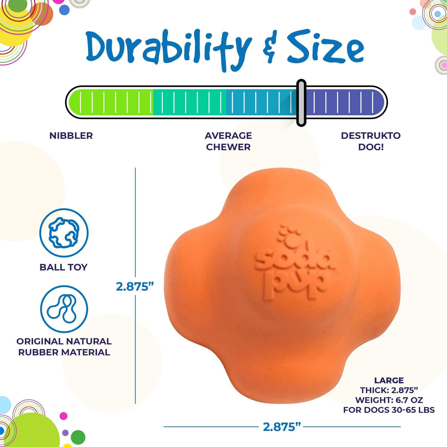 Crazy Bounce Ultra Durable Rubber Chew toy for dogs, large natural rubber ball, 2.875 inches thick, designed for power chewers and interactive play