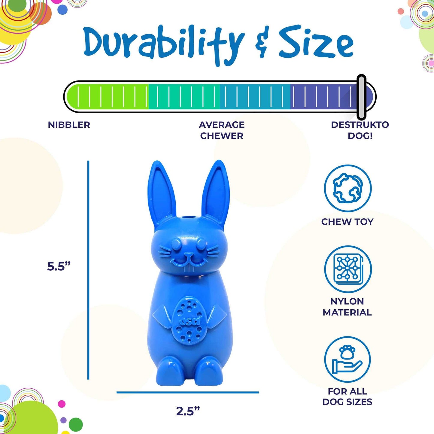 Blue Bunny Nylon Chew Toy for aggressive chewers, durable, USA made, 5.5 inches tall, 2.5 inches diameter, safe nylon dog toy
