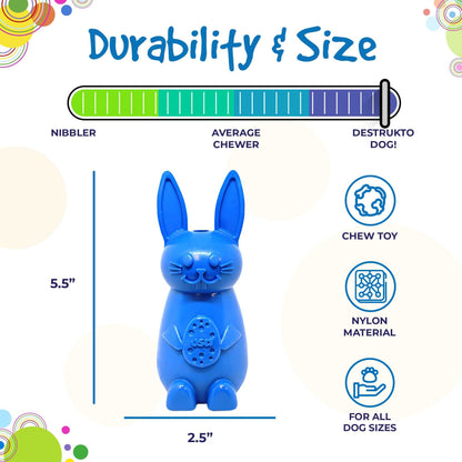 Blue Bunny Nylon Chew Toy for aggressive chewers, durable, USA made, 5.5 inches tall, 2.5 inches diameter, safe nylon dog toy