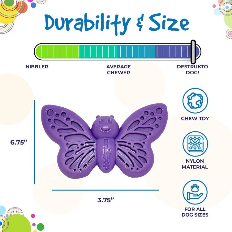 Purple butterfly-shaped nylon chew toy for aggressive dogs with treat-enrichment wings, durable and suitable for all dog sizes.