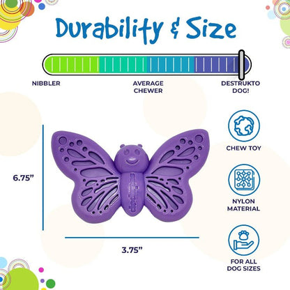Purple butterfly-shaped nylon chew toy for aggressive dogs with treat-enrichment wings, durable and suitable for all dog sizes.
