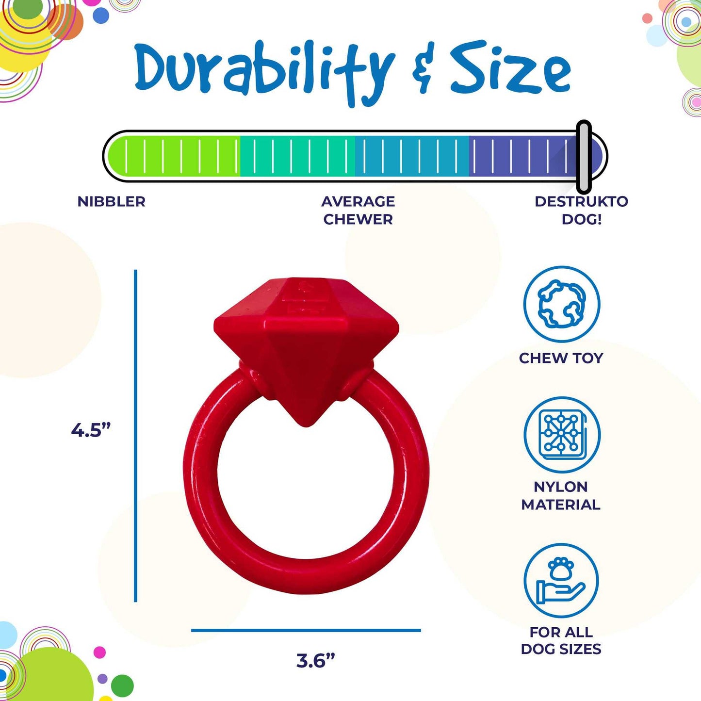 Diamond Ring Nylon Teething Ring for puppies, durable red nylon chew toy, 4.5" tall and 3.6" diameter, USA made for aggressive chewers.