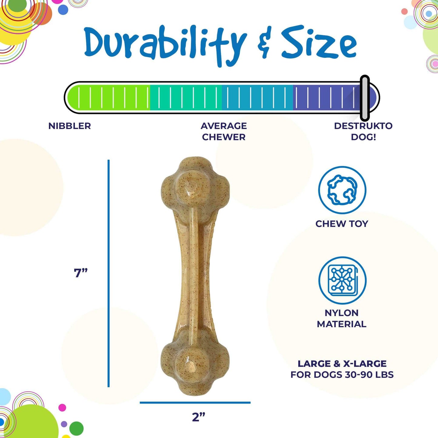 Knuckle Bone Ultra Durable Nylon Dog Chew Toy for aggressive chewers, 7-inch brown nylon bone, tough chew toy for dogs 30-90 lbs