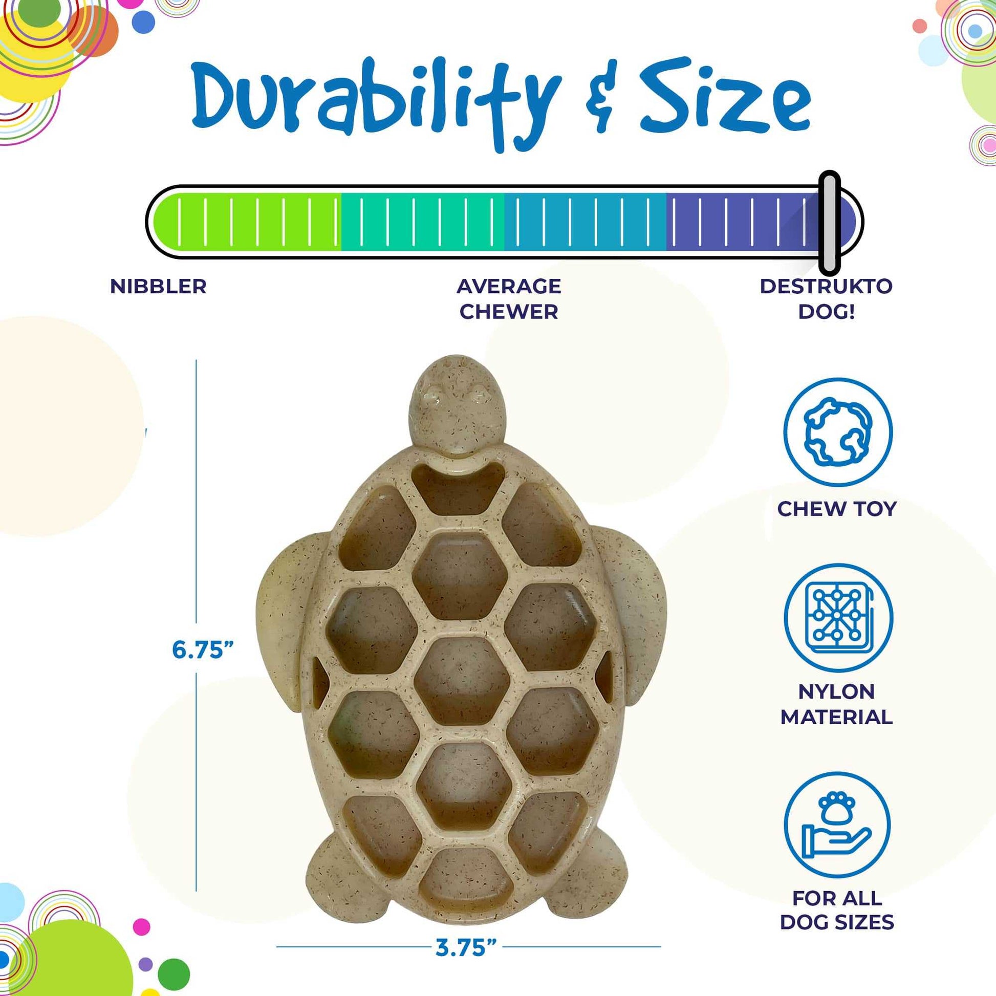 Turtle-shaped ultra-durable nylon chew toy for power chewers with textured treat-holding grooves, made in USA