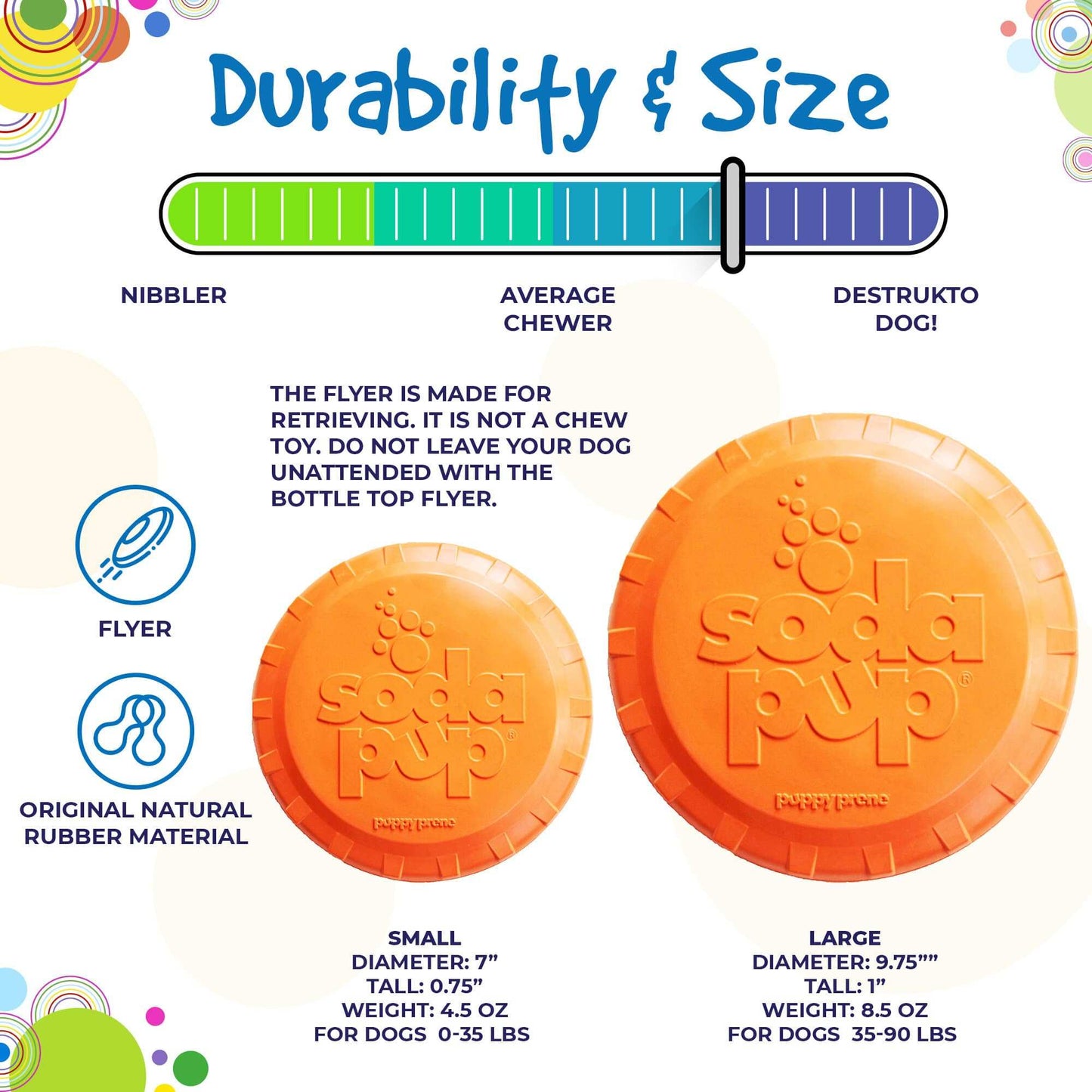 Orange Bottle Top Flyer durable rubber frisbee for dog retrieving, two sizes for small and large dogs
