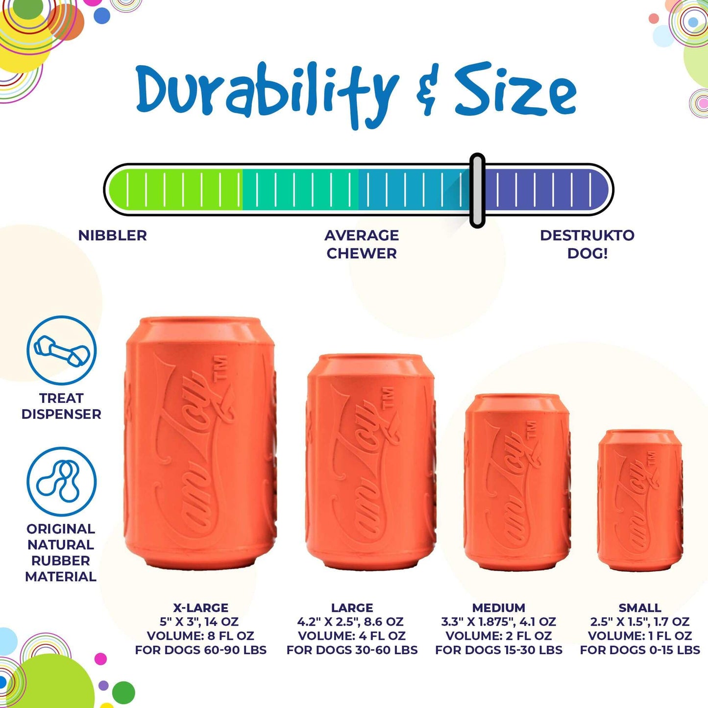 Can Toy eDispenser durable rubber chew toy and treat dispenser for average chewers, available in four sizes for dogs 0-90 lbs