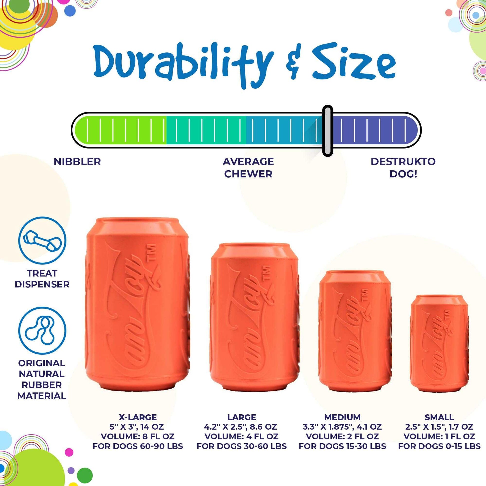 Can Toy eDispenser durable rubber chew toy and treat dispenser for average chewers, available in four sizes for dogs 0-90 lbs