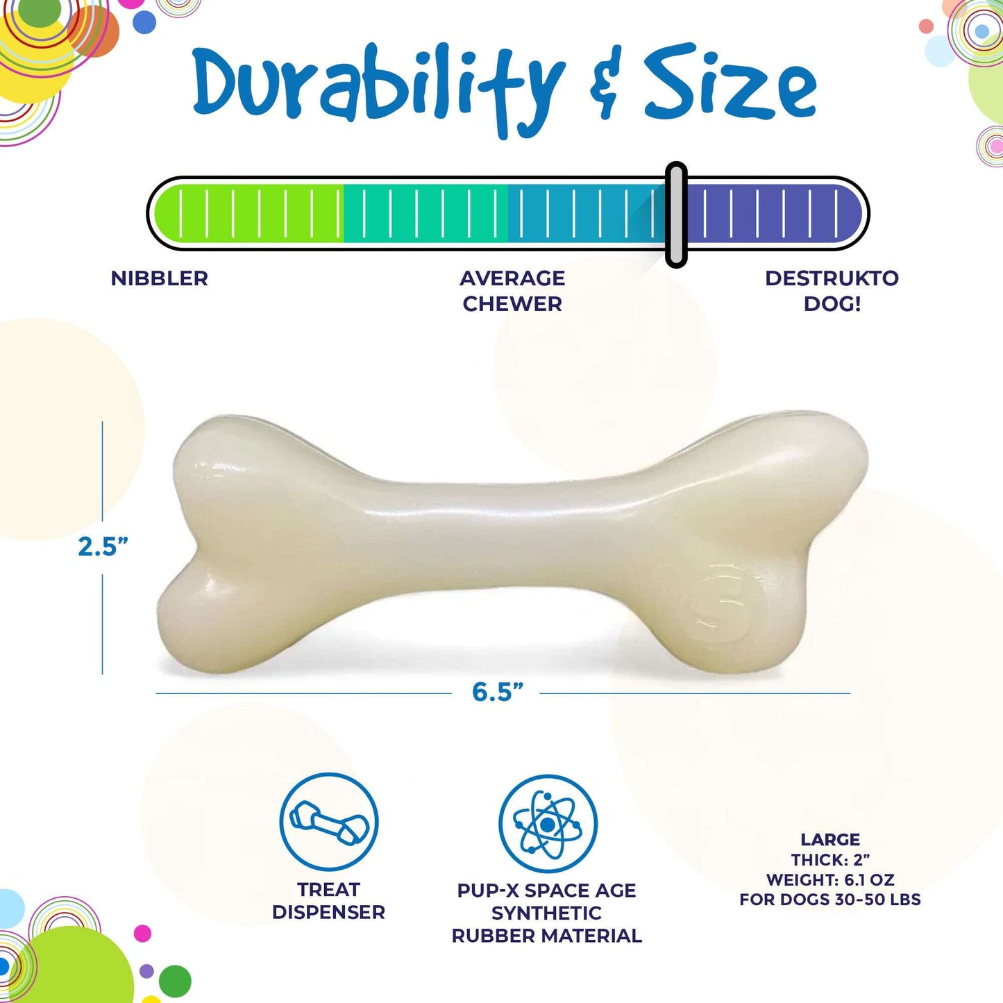 Durable cream rubber bone dog toy measuring 6.5 inches, designed for large power chewing dogs, made from PUP-X synthetic rubber
